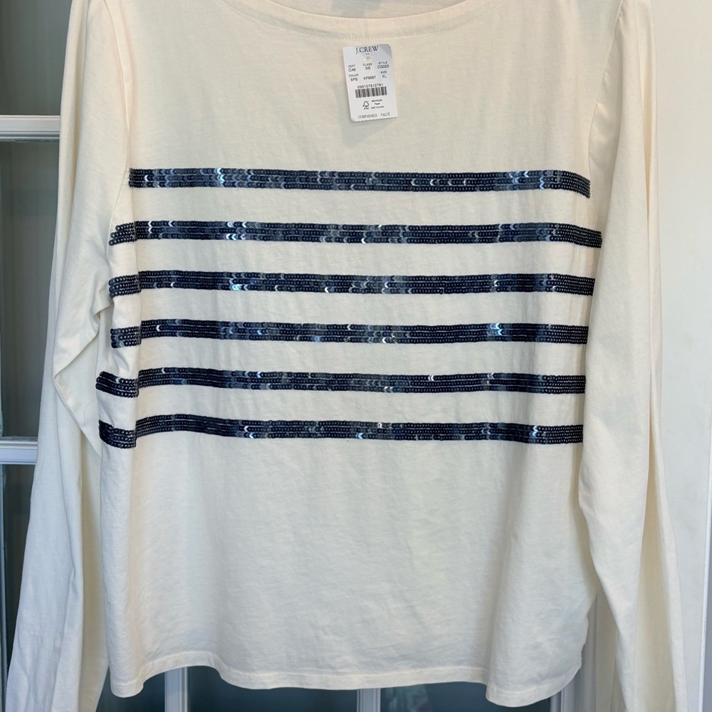 J.Crew Sequin Stripe Long Sleeve Tee Ivory Navy Size XL